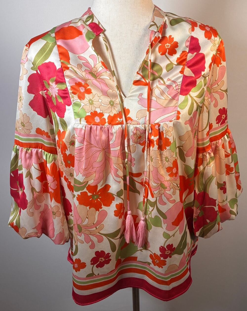 Jade Melody Tam Floral Satin Peasant Blouse Tassel Ties Balloon Sleeves S